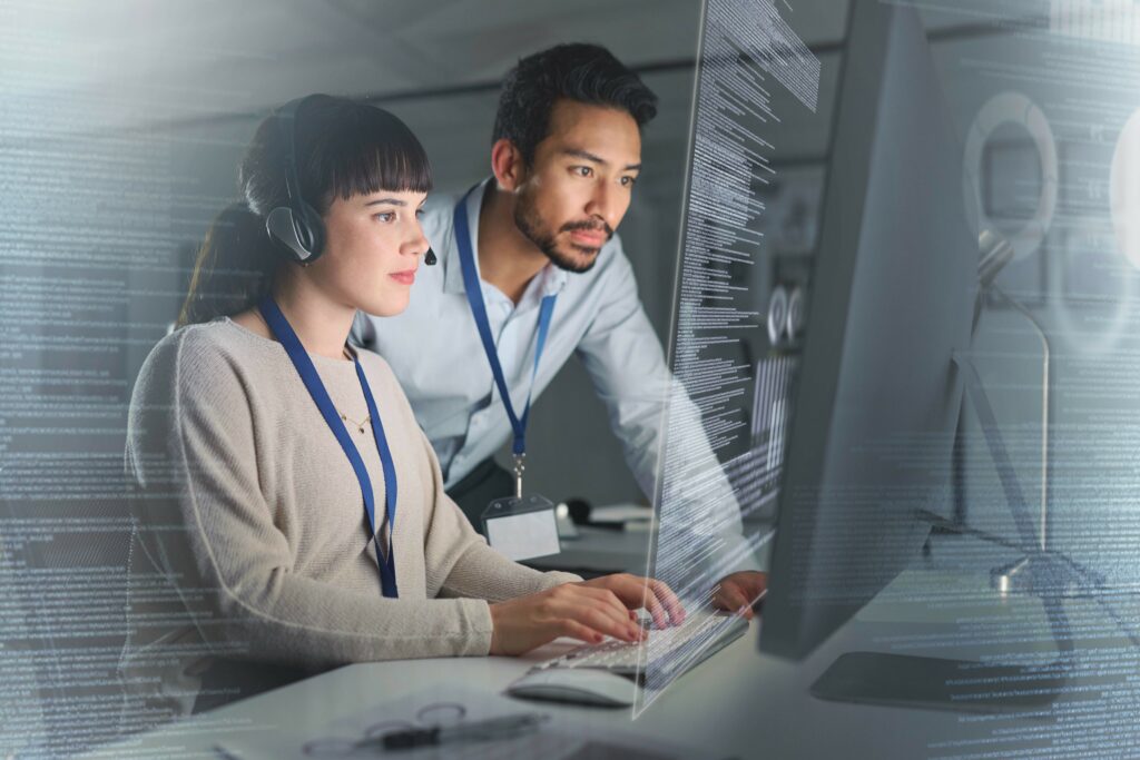 Customer support, call center overlay and business people on computer for telemarketing, CRM