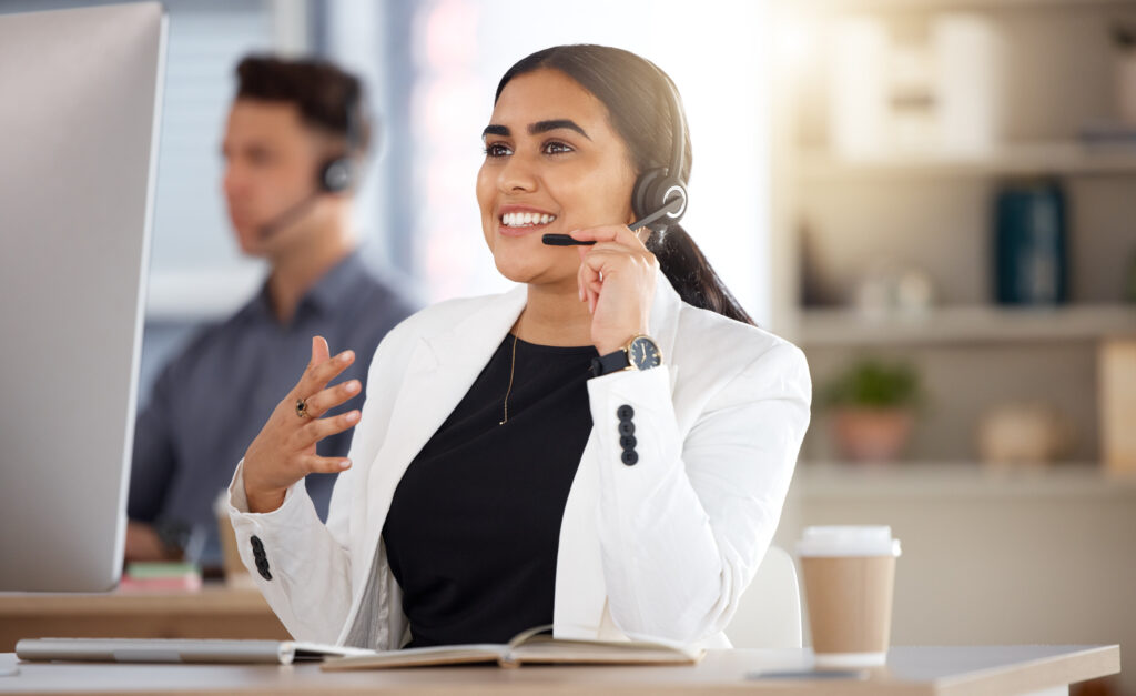 woman call center and computer with headset-con